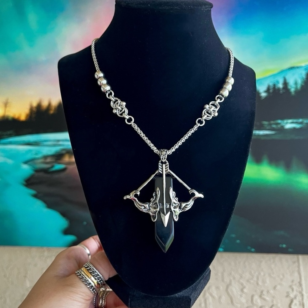 Handmade stainless steel maille link chain & onyx gemstone bow & arrow charm
